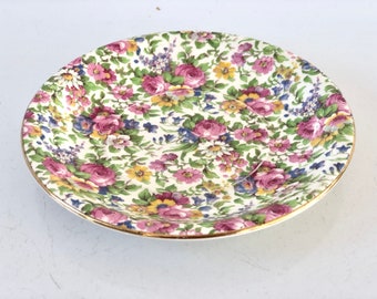 Vintage chintz large saucer for large tea cup or coffee cup Summertime by Royal Winton Grimwades pink purple blue yellow green