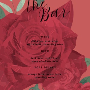 Menú de bebidas para bodas con estampado floral rojo