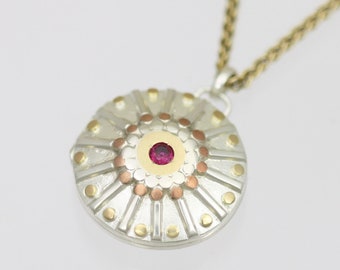 Sunburst Locket 7/8" with Ruby in 14ky Gold, Copper and Sterling Silver, Mixed Metals