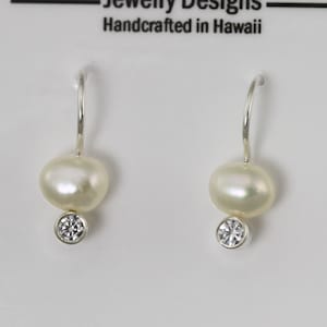 Pearl Drop Earring w-Stone (Cubic Zirconia) in sterling silver or 14ky GF