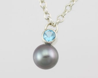 Tahitian Pearl Drop Necklace with Blue Topaz in Sterling Silver (18")