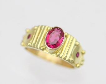 Oval Totem Ring in 14ky Gold with Birthstone (Ruby shown)