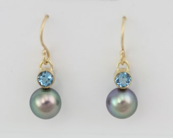 Tahitian Pearl Drop Earrings with Stone in 14KY Gold and Blue Topaz