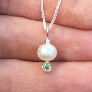 Pearl Drop Necklace with Peridot Birthstone in Sterling Silver