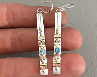 Totem Earrings with Blue Topaz in Sterling Silver, 14k yellow Gold, and Copper