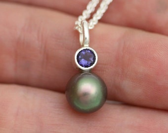 Tahitian Pearl Drop Necklace with Iolite in Sterling Silver
