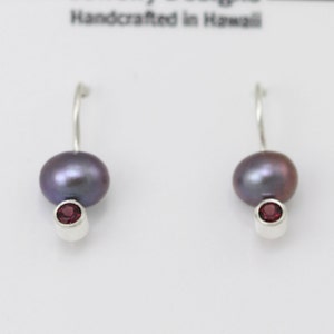 Peacock Pearl Drop Ear w-Stone (Rhodolite Garnet) in Sterling Silver