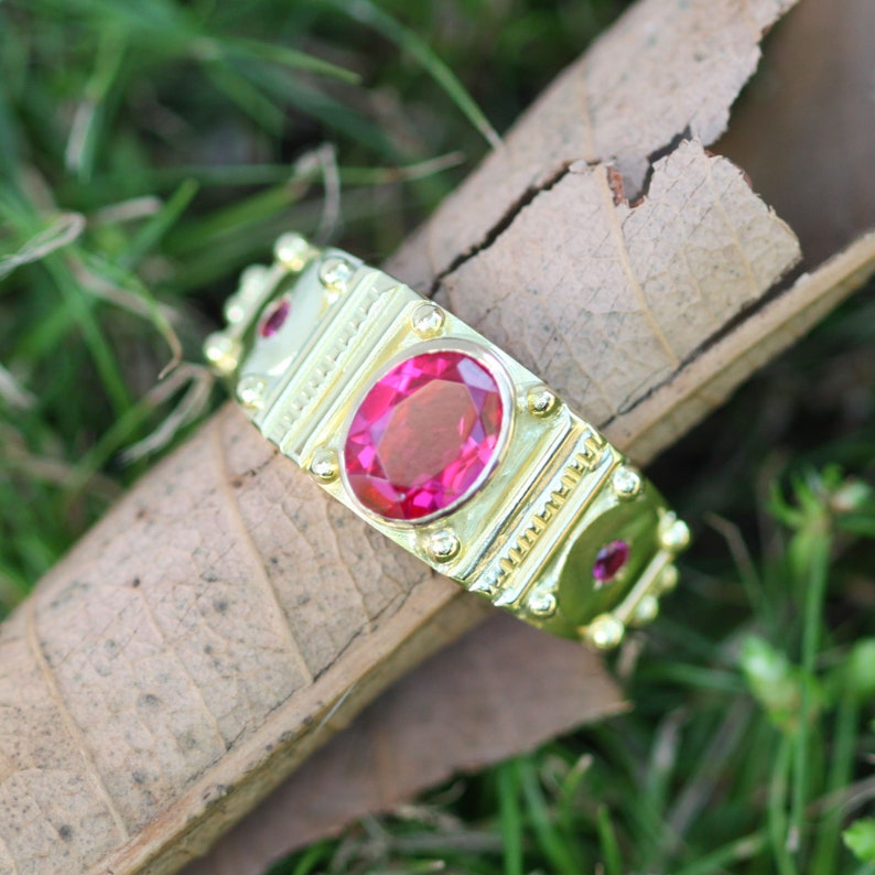 Oval Totem Ring in 14ky Gold with Birthstone Ruby shown image 6