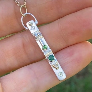 Small Totem Necklace with 4 Stones in Sterling Silver and 14ky Gold with Peridot, Emerald, Green Tourmaline and White Topaz image 2