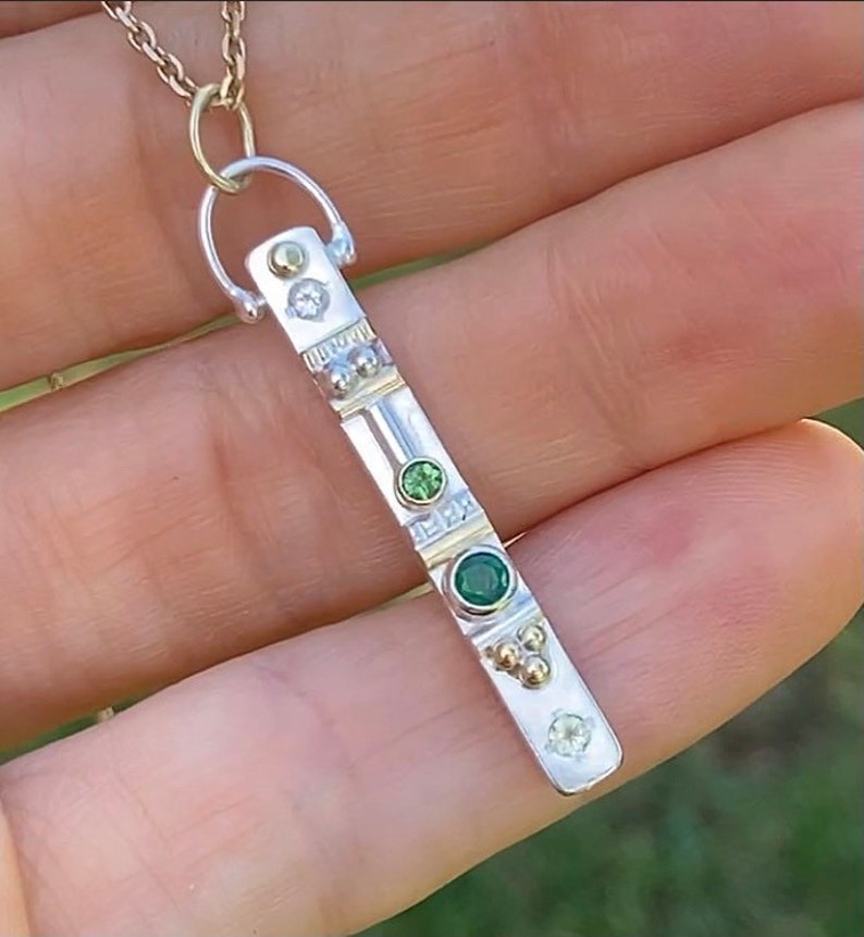 Small Totem Necklace with 4 Stones in Sterling Silver and 14ky Gold with Peridot, Emerald, Green Tourmaline and White Topaz image 2