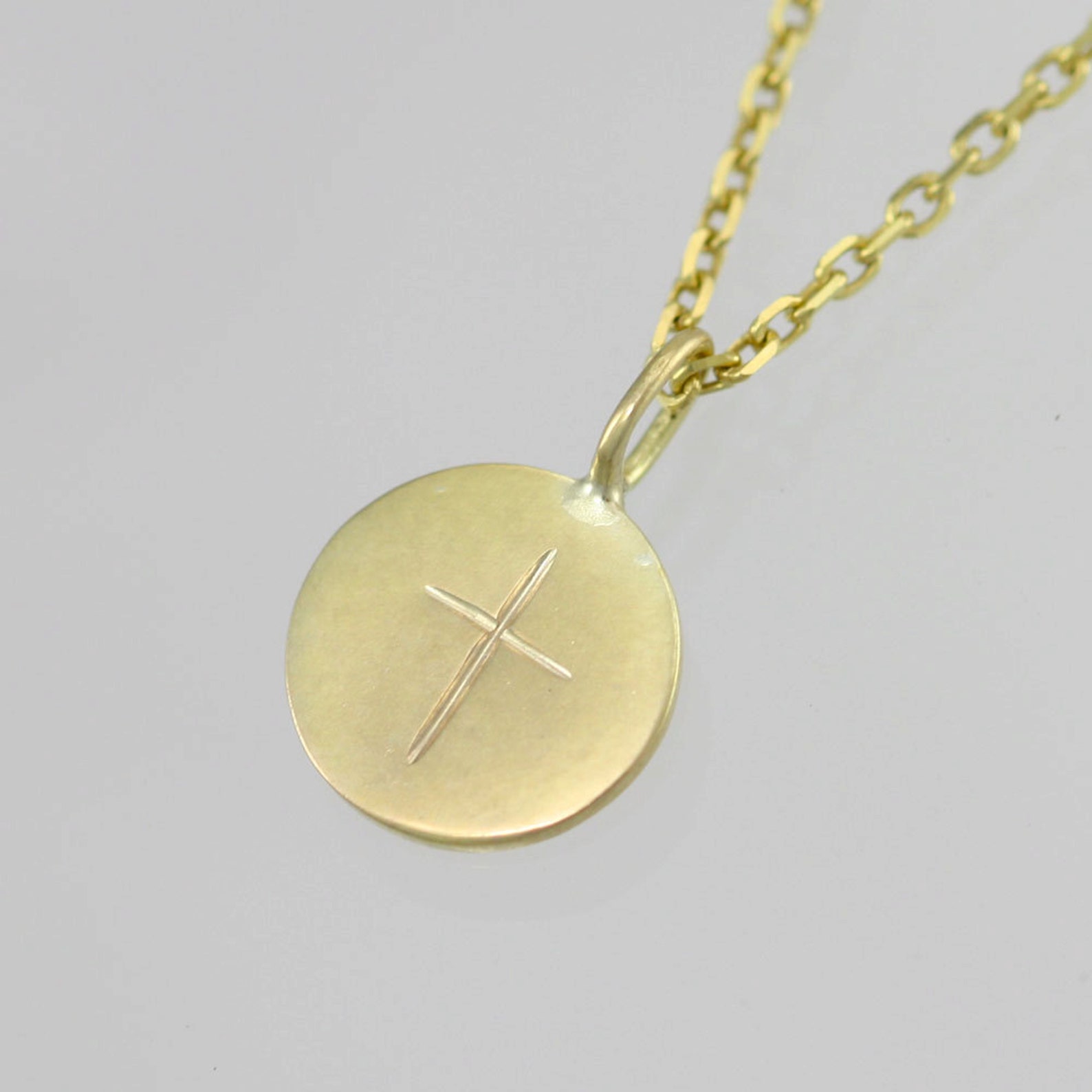 Stamped Cross Disc Pendant Lrg. 14K Yellow Gold made to Etsy