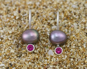 Peacock Pearl Drop Earrings w-Stone (Ruby) in Sterling Silver