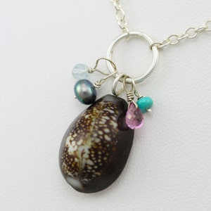 Hawaiian Charm Necklace with Cowrie Shell (Pearl, Turquoise, Pink Topaz, Aquamarine) in Sterling Silver