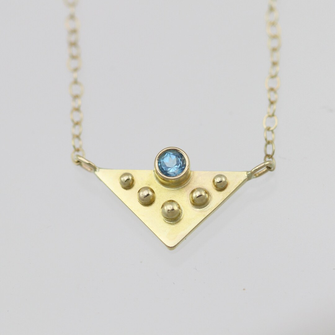 値下げイエロートパーズ トライアングル ゴールドネックレス 14Kイエローゴールドの5つのドットとブルートパーズのゴールド