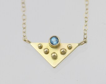 Gold Triangle with 5 Dots & Blue Topaz Necklace in 14k Yellow Gold (18")