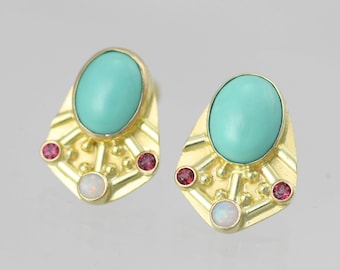 Oval Mexican Turquoise Byzantine Posts with Opal & Rhodolite Garnet 14ky gold