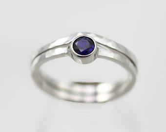 Hammered Wedding Ring Set in 14k White Gold with Sapphire