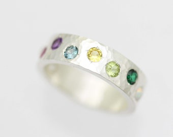 6mm Hammered Birthstone Mother's Ring in sterling silver