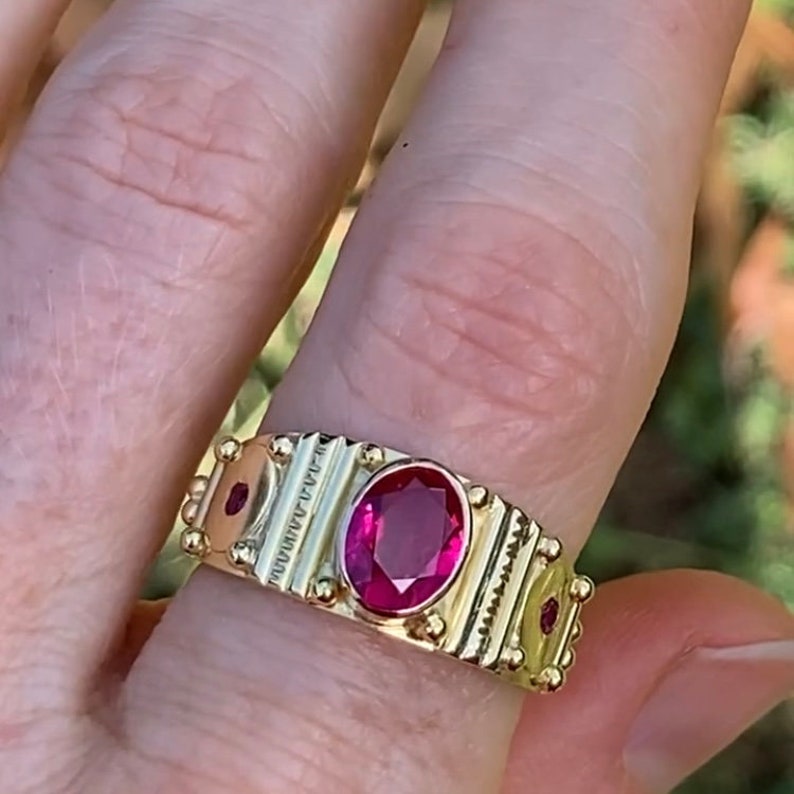 Oval Totem Ring in 14ky Gold with Birthstone Ruby shown image 7