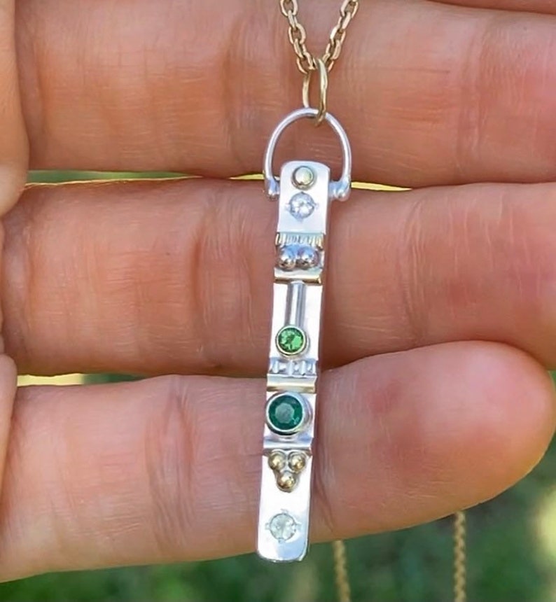 Small Totem Necklace with 4 Stones in Sterling Silver and 14ky Gold with Peridot, Emerald, Green Tourmaline and White Topaz image 6