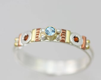 Totem Solitaire Ring, Sm. (Blue Topaz, Garnet) 14KY, SS, Copper (Made to Order)