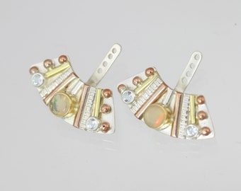 Totem w-3 Stones Earjackets with Ethiopian Opal & Blue Topaz