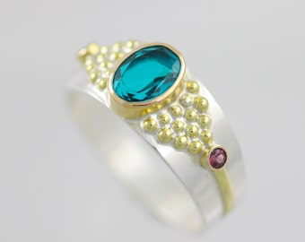 Byzantine Ring II in Sterling Silver and 14ky Gold with Paraiba Crystal Quartz Doublet and Rhodolite Garnet