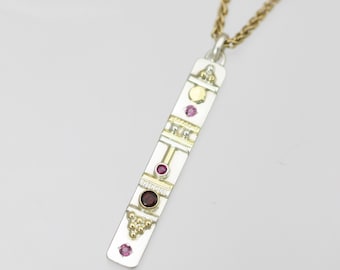 Totem Necklace with 4 Stones in 14ky Gold and Sterling Silver (Garnet, Ruby, Rhodolite Garnet)