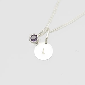Stamped Initial and Birthstone Drop Necklace in Sterling Silver