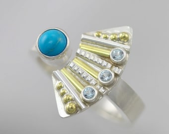Striped Totem with 3 Stones Split Ring with Turquoise  & Blue Topaz in Sterling SIlver, 14ky Gold