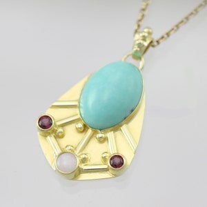 Oval Mexican Turquoise Byzantine Necklace w-3 Stones (Opal, Rhodolite Garnet) in 14ky Gold