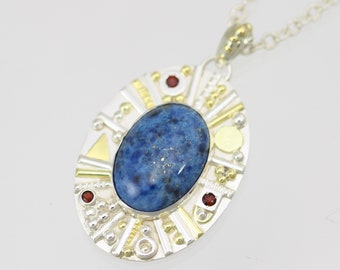 Oval Cabochon Totem Necklace with Denim Lapis and Garnet in Sterling Silver and 14ky Gold