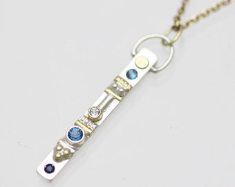 Small Totem Necklace with 4 Stones in Sterling Silver and 14ky Gold with London Blue Topaz, Sapphire, Sky Blue Topaz & Blue Zircon