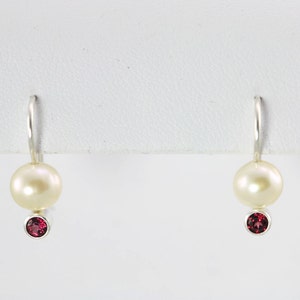 Pearl Drop Earring with Garnet Birthstone in Sterling Silver image 1