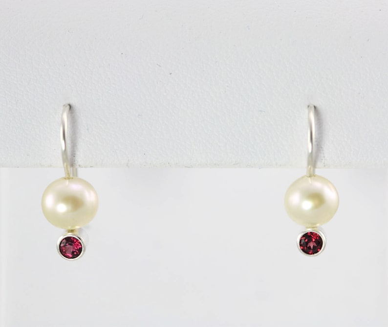 Pearl Drop Earring with Garnet Birthstone in Sterling Silver image 1