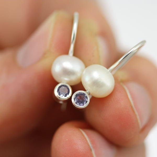 Pearl Drop Earring with Alexandrite Birthstone in Sterling Silver