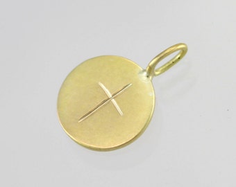 Stamped Cross Disc Pendant, Lrg. 14K Yellow Gold (Made to Order)