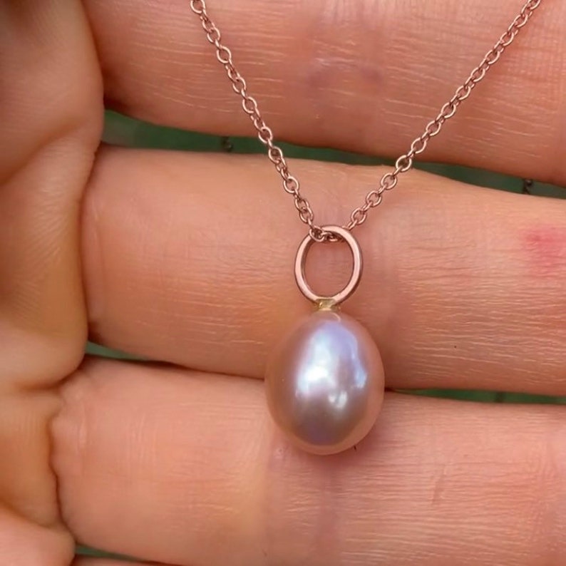 Oval Pink Pearl Drop Necklace in 14k Rose Gold image 2