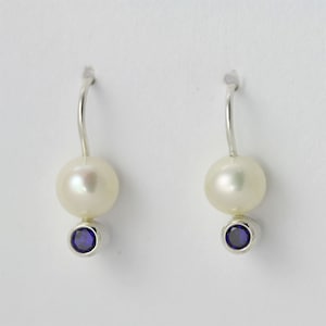 Pearl Drop Earring with Sapphire in Sterling Silver or 14ky GF