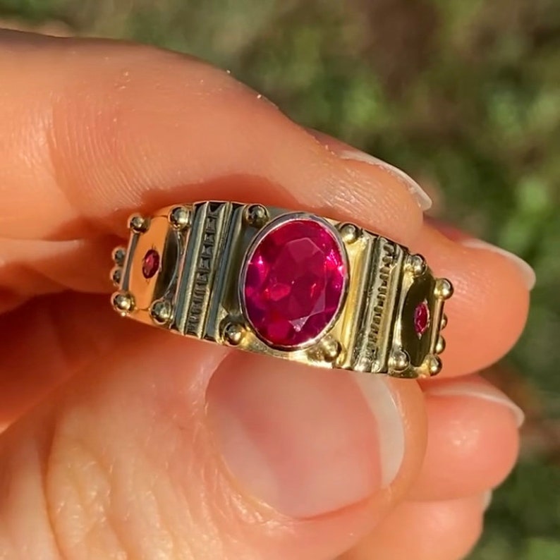 Oval Totem Ring in 14ky Gold with Birthstone Ruby shown image 8