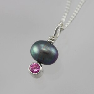 Peacock Pearl Drop Neck w-Stone (Pink Tourmaline) in sterling silver