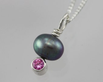 Peacock Pearl Drop Neck w-Stone (Pink Tourmaline) in sterling silver