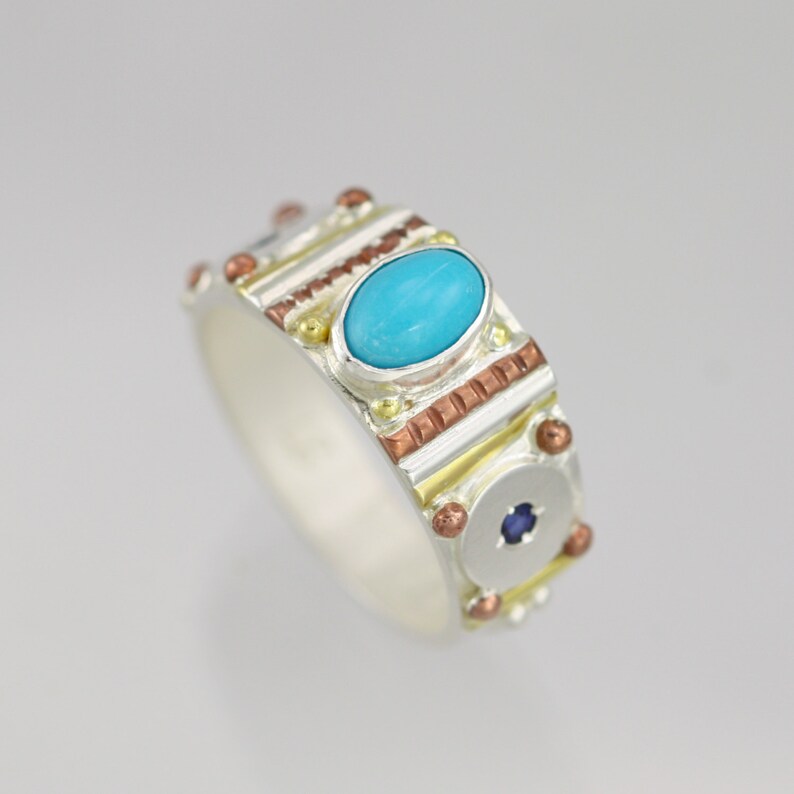Oval Totem Ring with Turquoise & Sapphire in 14ky gold, Sterling Silver and Copper image 1