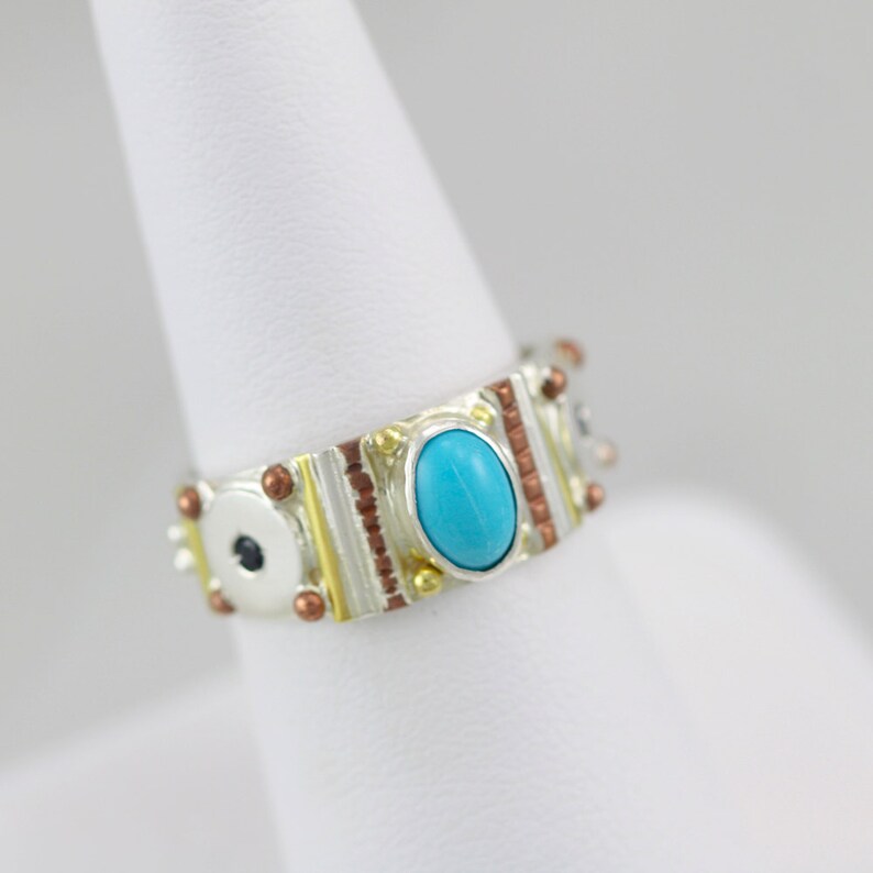 Oval Totem Ring with Turquoise & Sapphire in 14ky gold, Sterling Silver and Copper image 4