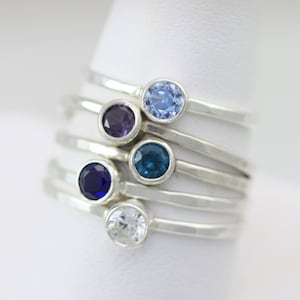 Hammered Birthstone Drop Stacking Rings in Sterling Silver