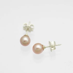 Pink Pearl Drop Stud Earrings in Sterling Silver