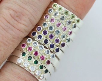 5 Stone Stacking Rings with Birthstone in Sterling Silver