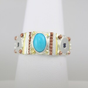 Oval Totem Ring with Turquoise & Sapphire in 14ky gold, Sterling Silver and Copper image 2