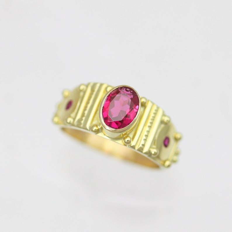 Oval Totem Ring in 14ky Gold with Birthstone Ruby shown image 1