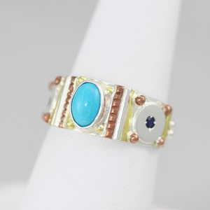 Oval Totem Ring with Turquoise & Sapphire in 14ky gold, Sterling Silver and Copper image 3